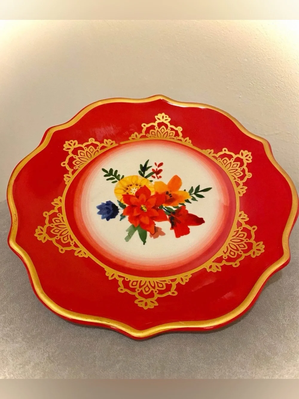 Pioneer Woman Winter Bouquet Dessert Plate Red Gold Floral 8.5”